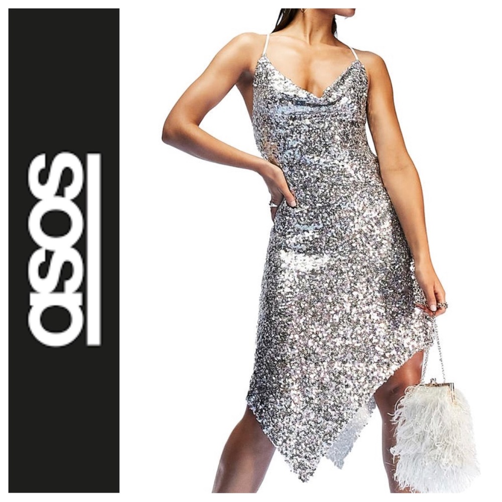 New ASOS Luxe Sequin Cowl Neck Asymmetrical Hem Slip Dress - 8